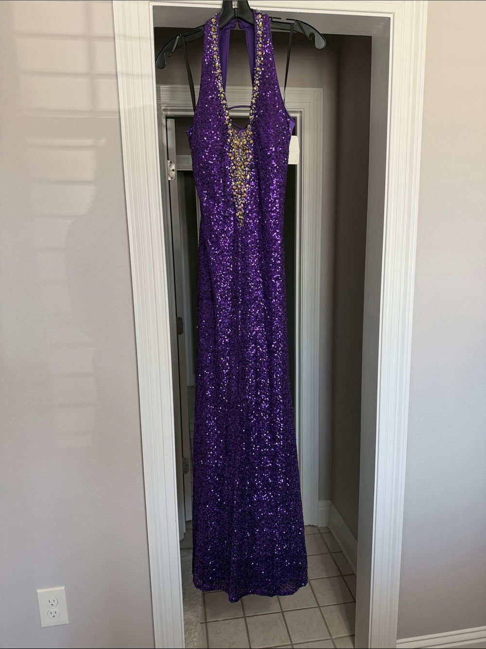 Purple Sequin Halter Prom Dress with Beaded Accent
